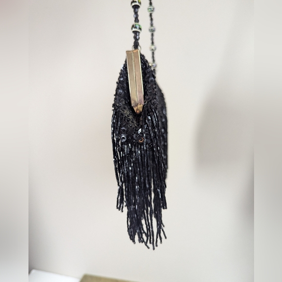 Vintage Black Beaded Fringe Evening Bag – Sequin Flapper Style 10" Wide - Picture 7 of 8